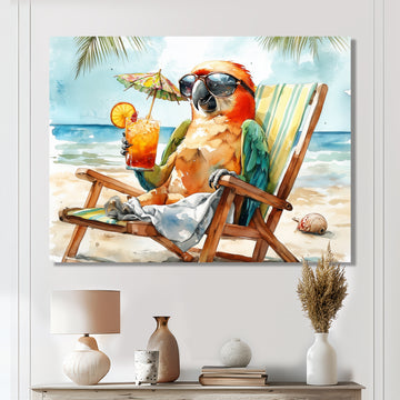 Parrot On The Beach Lounging - Coastal Animal Wall Decor